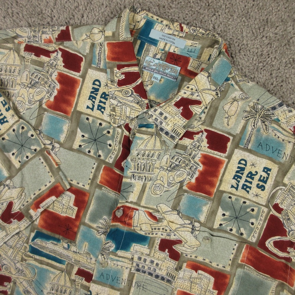 Vintage Campia Shirt Mens 2XL Printed Rayon Travel Vacation Europe Button Up EUC